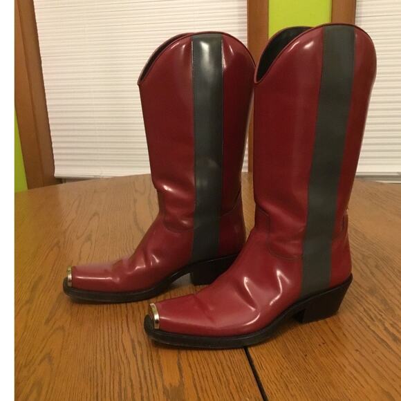 Calvin Klein 205W39NYC × Raf Simons Red Leather Gray Stripe Western Cowboy Boots - Picture 5 of 7